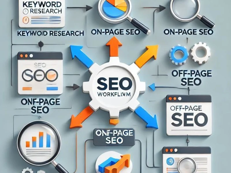 SEO workflow showing keyword research, on-page SEO, and off-page optimization process